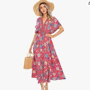 Women Summer Print Deep V Neck Cotton Beach Long Dress